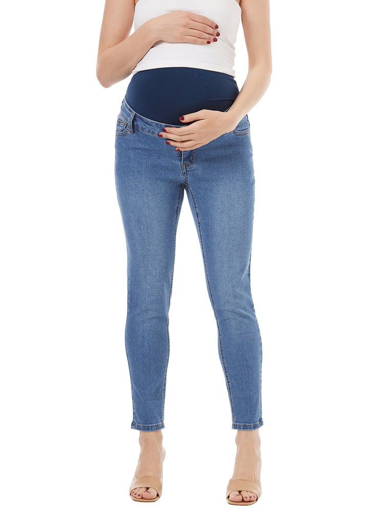 blue straight maternity jean with liner for belly, stretchy fabric. Blue Liner.