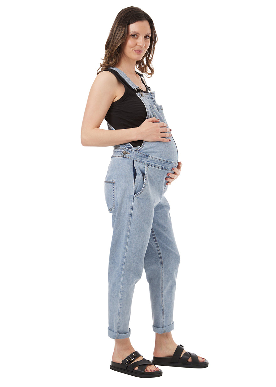 blue maternity overalls, with front pocket, side pockets, with fastening button at the waist to accomodate belly.