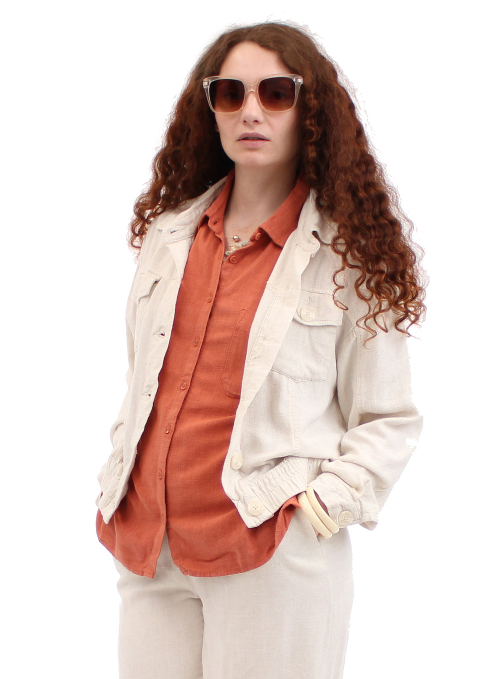 Simon Chang Ladies Linen Flap Pocket Bomber Jacket - Bone