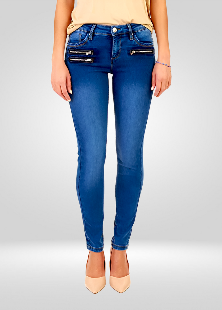 
                  
                    Jean Skinny Stretch en Denim Style Biker Taille Mi-Haute avec Effet Ventre Plat
                  
                