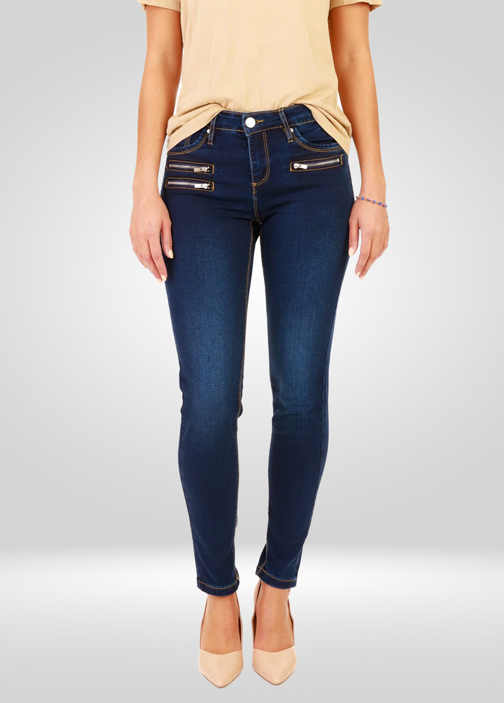 
                  
                    Jean Skinny Stretch en Denim Style Biker Taille Mi-Haute avec Effet Ventre Plat
                  
                