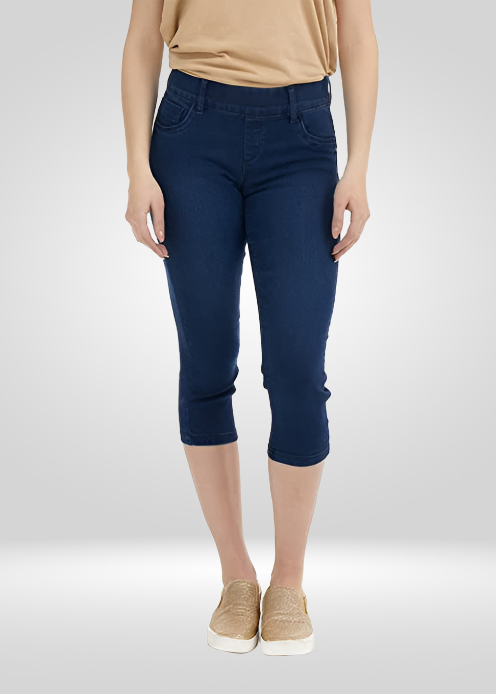 Mid Rise Pull on Stretch Denim Capris