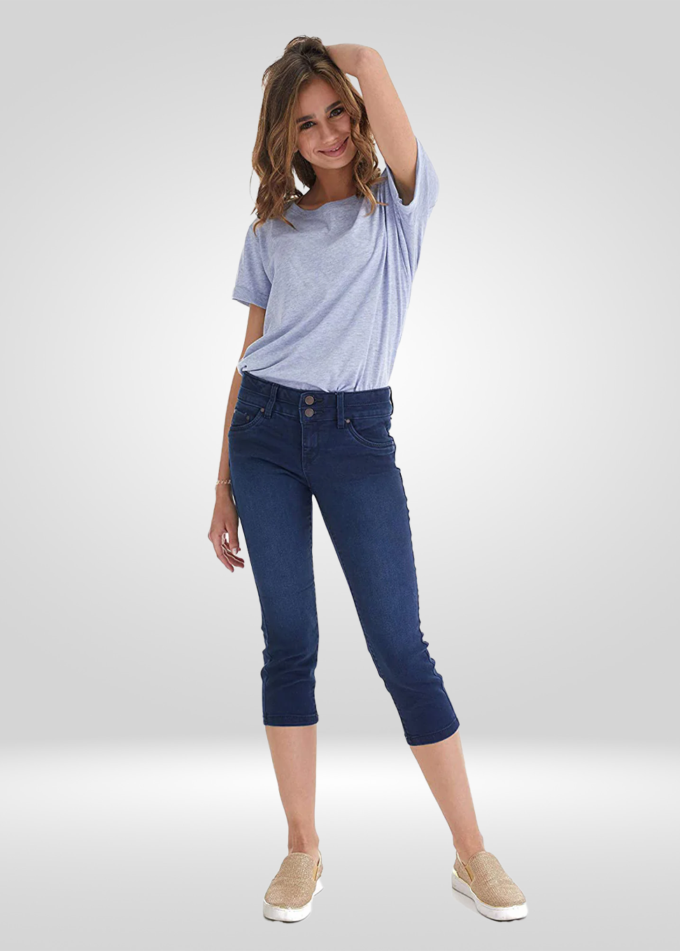 
                  
                    Mid Rise Stretch Denim Capris
                  
                