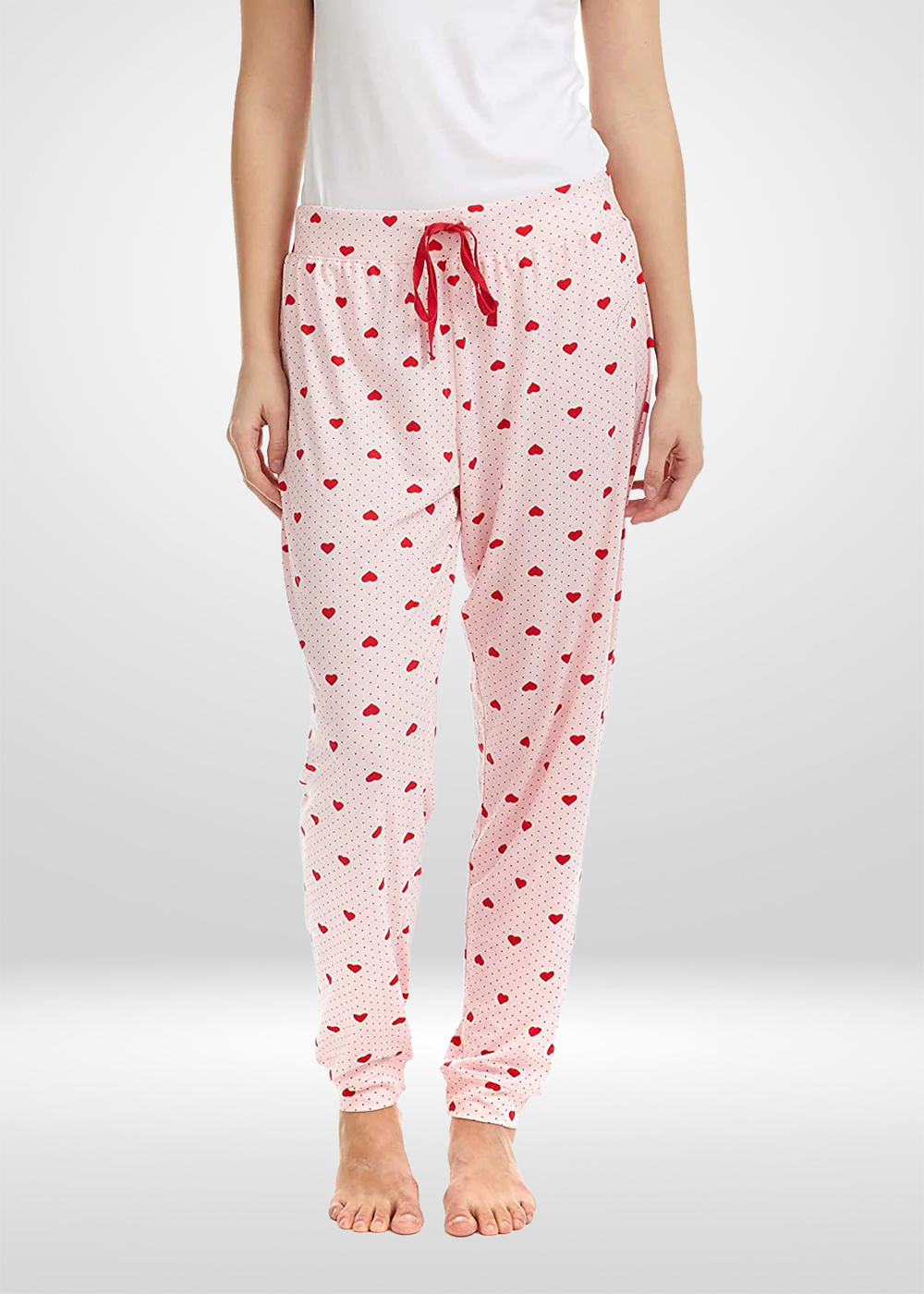 Pink Red Hearts Print Stretch Pajama Bottoms