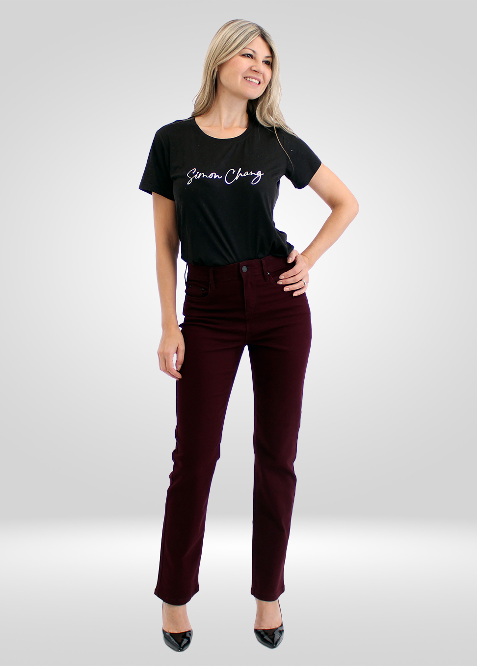 
                  
                    Simon Chang Jeweled Burgundy High Waisted Pant
                  
                