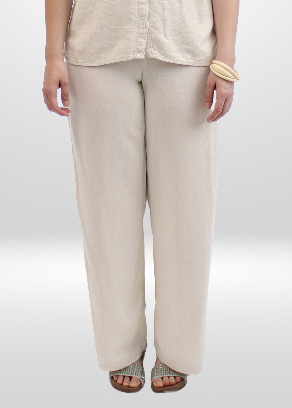 Simon Chang Ladies Pull on Wide Leg Linen Pant - Bone