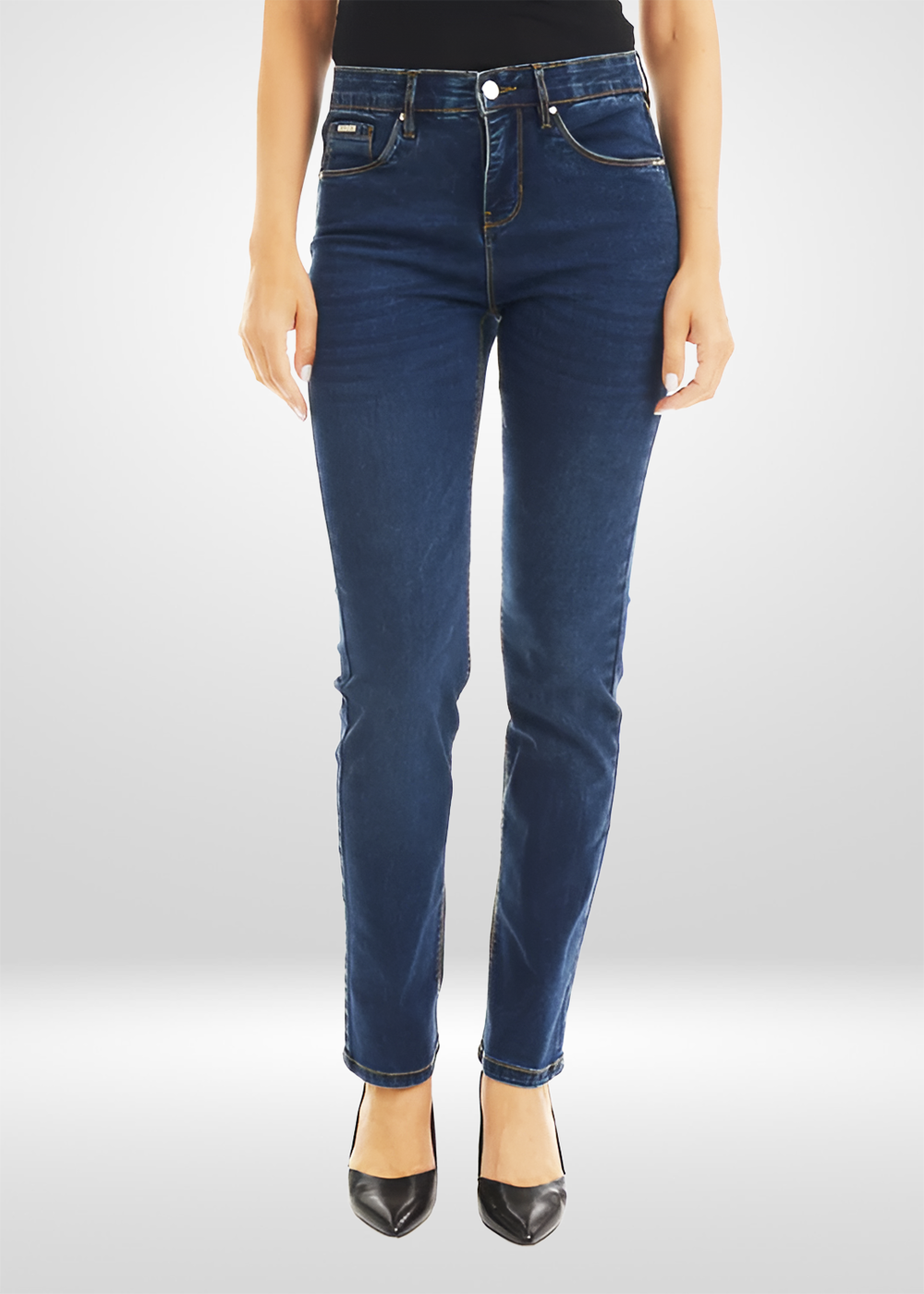 Simon Chang Ladies Stretch High Waist Straight Leg Jean with Tummy Tucker