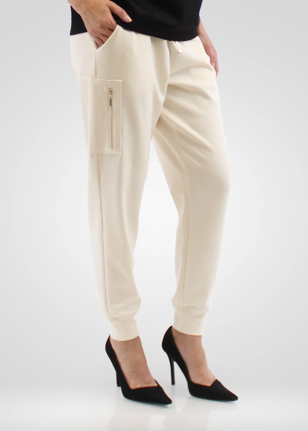 Simon Chang Cream Pants with Jeweled Detail