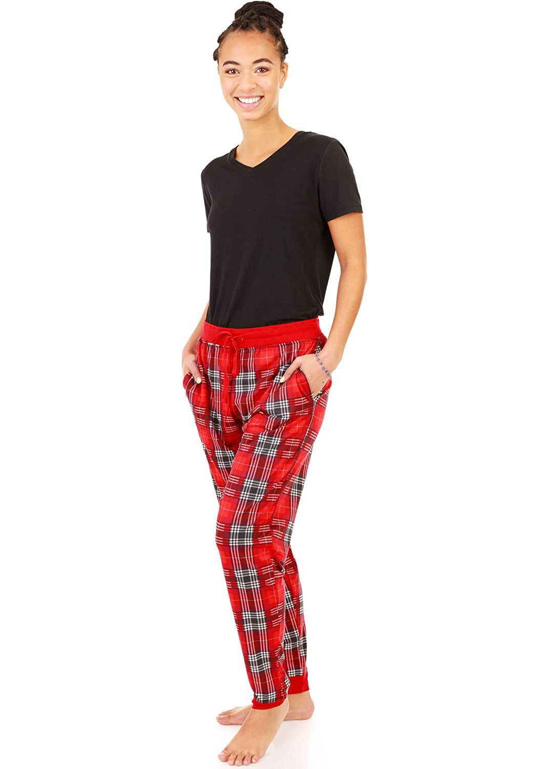 
                  
                    PJ joggers with soft velvety texture, stretch, elastic waistband, drawstring, and stylish ankle cuff. This pattern a red tartan, wish white and black lines.
                  
                