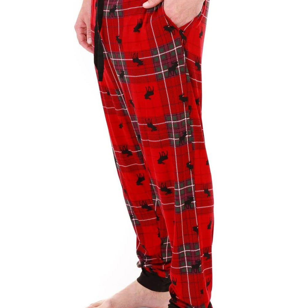 
                  
                    PJ joggers with soft velvety texture, stretch, elastic waistband, drawstring, and stylish ankle cuff. This pattern is small black moose on a tartan, on red. Black waist and cuff. Looser fit
                  
                