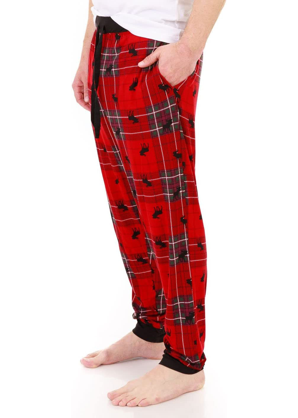 
                  
                    PJ joggers with soft velvety texture, stretch, elastic waistband, drawstring, and stylish ankle cuff. This pattern is small black moose on a tartan, on red. Black waist and cuff. Looser fit
                  
                