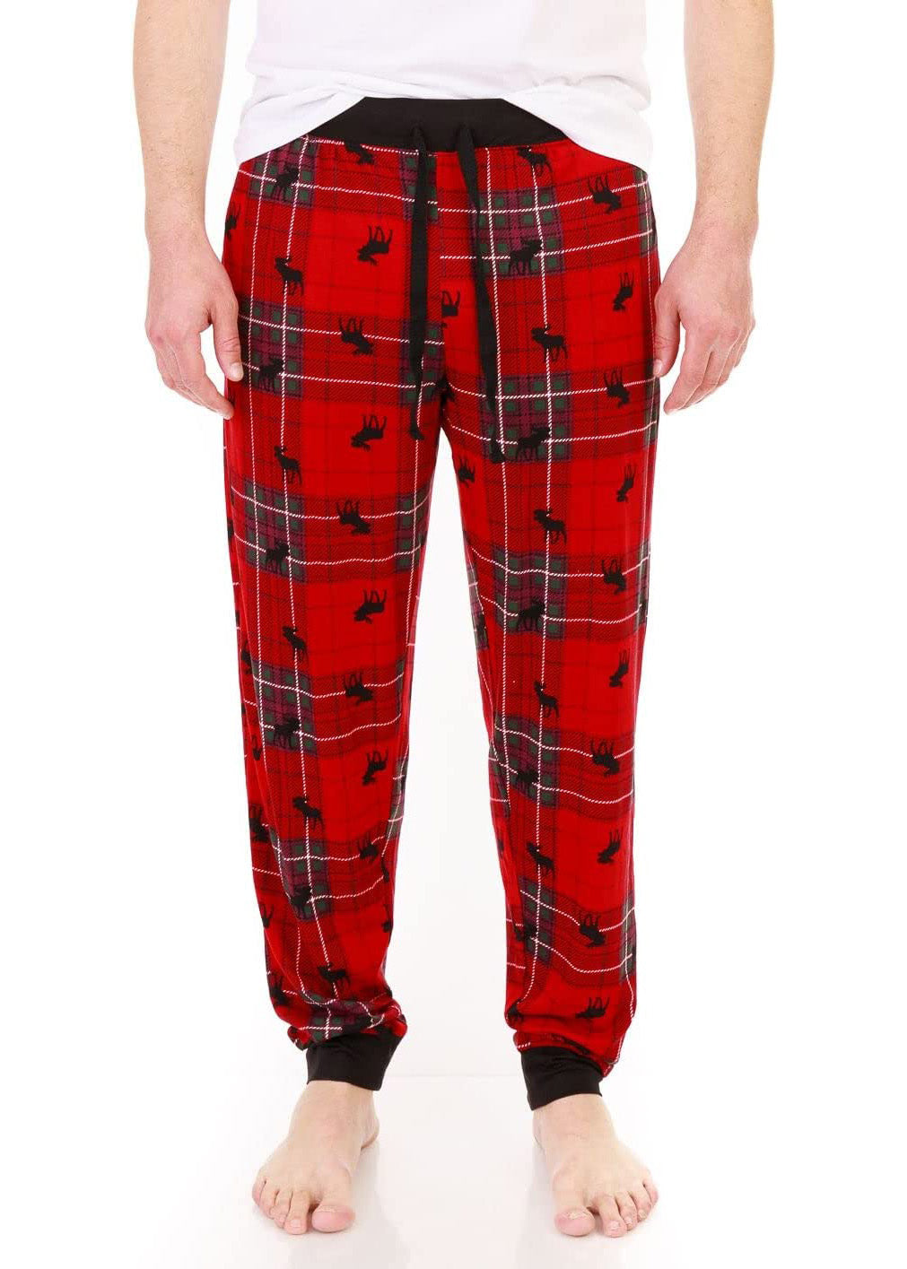 PJ joggers with soft velvety texture, stretch, elastic waistband, drawstring, and stylish ankle cuff. This pattern is small black moose on a tartan, on red. Black waist and cuff. Looser fit