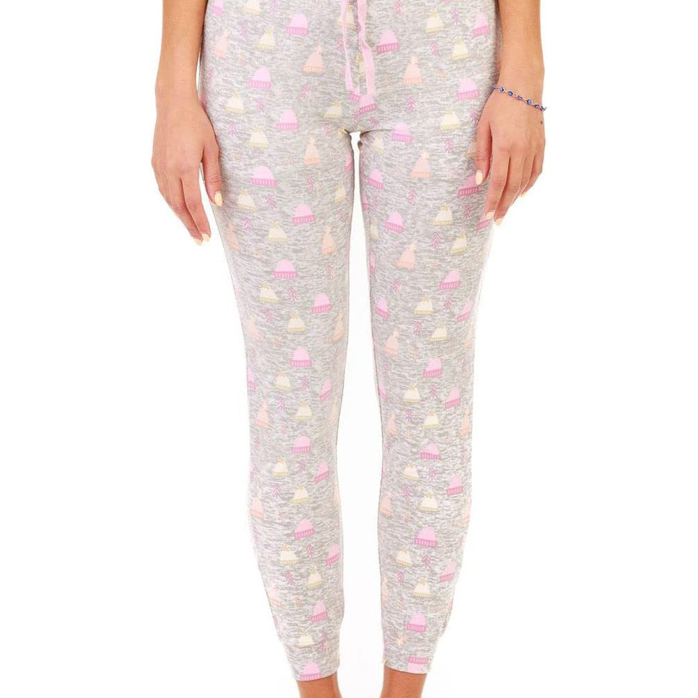 PJ joggers with soft velvety texture, stretch, elastic waistband, drawstring, and stylish ankle cuff. This pattern is little pink, yellow and light orange tuques. It has a pink drawstring that matches the prints