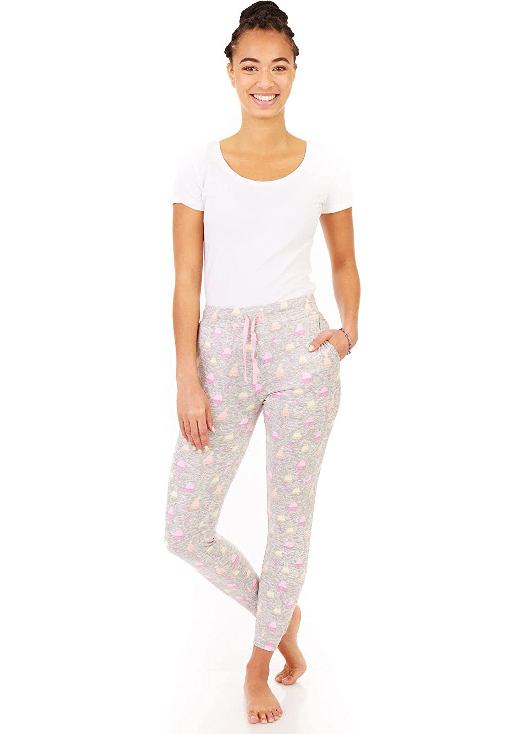 PJ joggers with soft velvety texture, stretch, elastic waistband, drawstring, and stylish ankle cuff. This pattern is little pink, yellow and light orange tuques. It has a pink drawstring that matches the prints