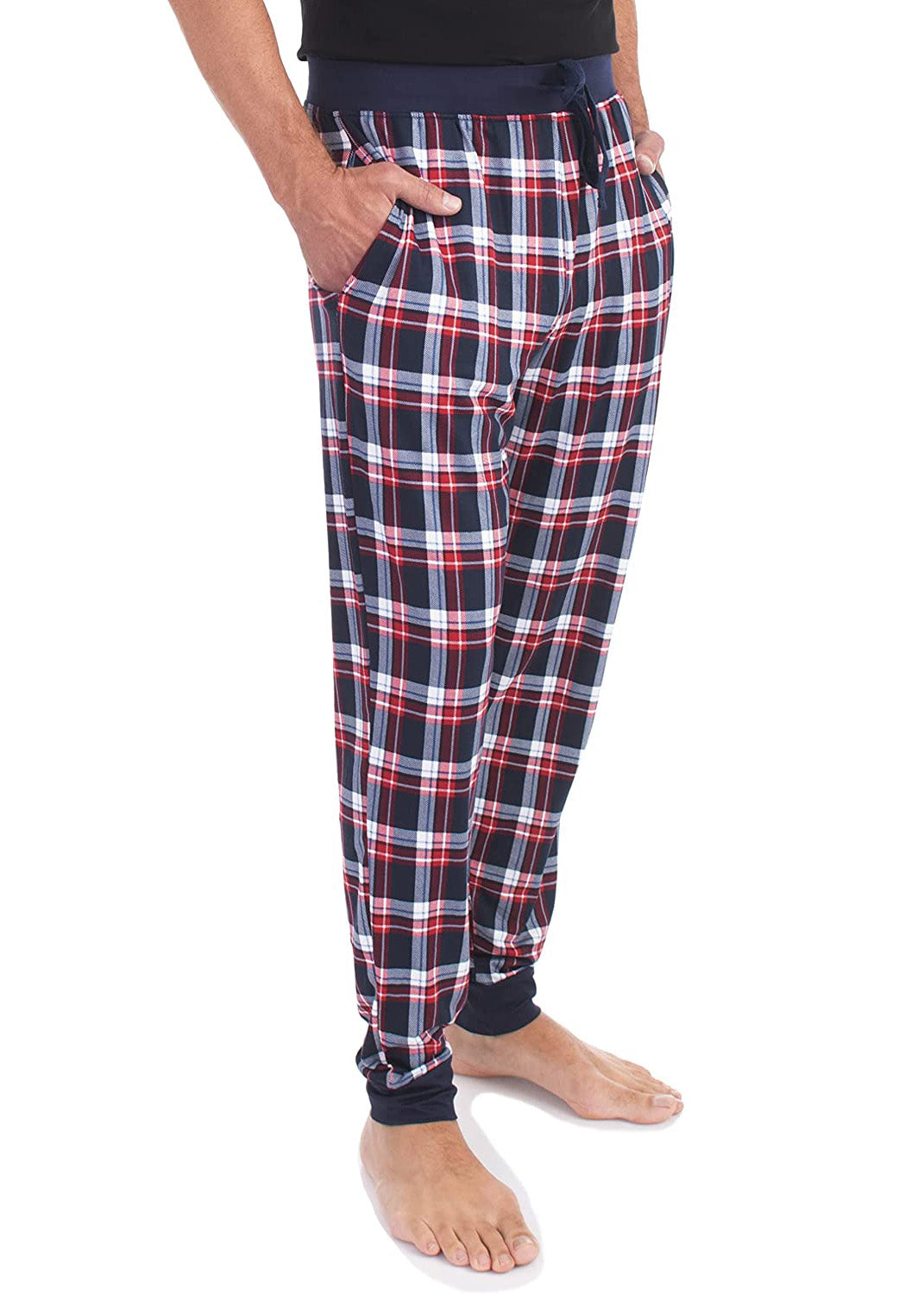 
                  
                    PJ joggers with soft velvety texture, stretch, elastic waistband, drawstring, and stylish ankle cuff. This pattern is a red, navy, white plaid. it has navy waist and drawstring. 
                  
                