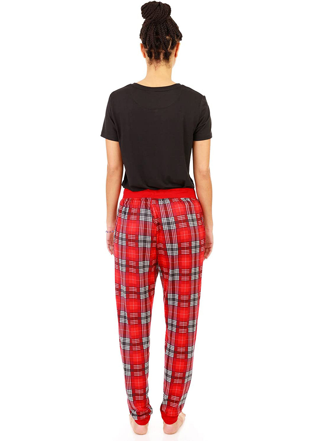 
                  
                    PJ joggers with soft velvety texture, stretch, elastic waistband, drawstring, and stylish ankle cuff. This pattern a red tartan, wish white and black lines.
                  
                