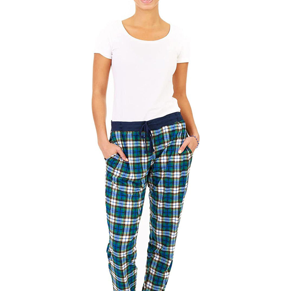 
                  
                    PJ joggers with soft velvety texture, stretch, elastic waistband, drawstring, and stylish ankle cuff. This pattern is a blue, green and gold tartan.\
                  
                