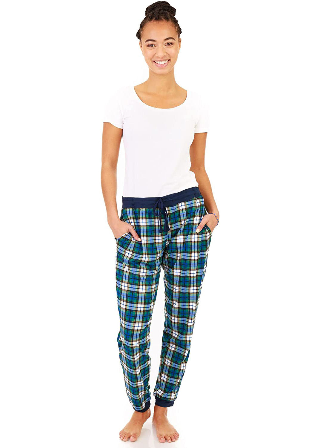 
                  
                    PJ joggers with soft velvety texture, stretch, elastic waistband, drawstring, and stylish ankle cuff. This pattern is a blue, green and gold tartan.\
                  
                