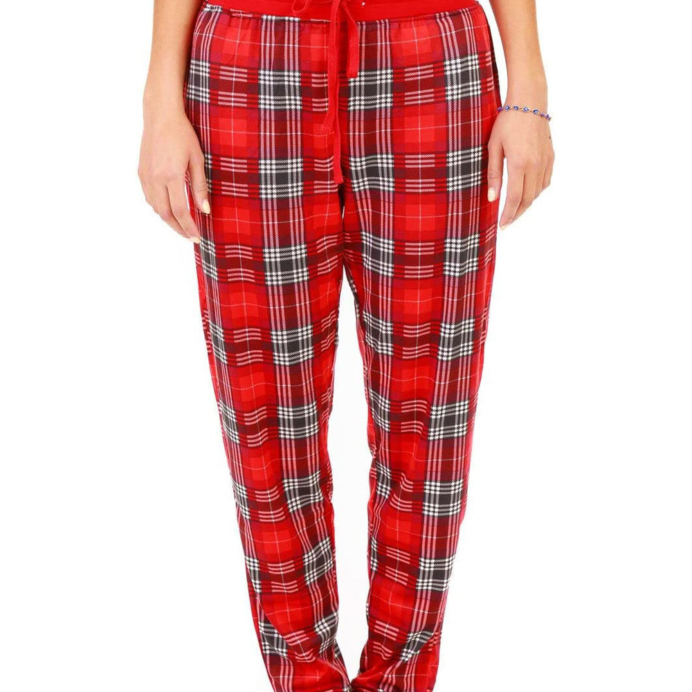 PJ joggers with soft velvety texture, stretch, elastic waistband, drawstring, and stylish ankle cuff. This pattern a red tartan, wish white and black lines.
