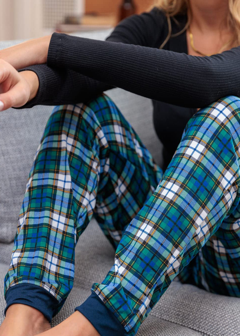 PJ joggers with soft velvety texture, stretch, elastic waistband, drawstring, and stylish ankle cuff. This pattern is a blue, green and gold tartan.