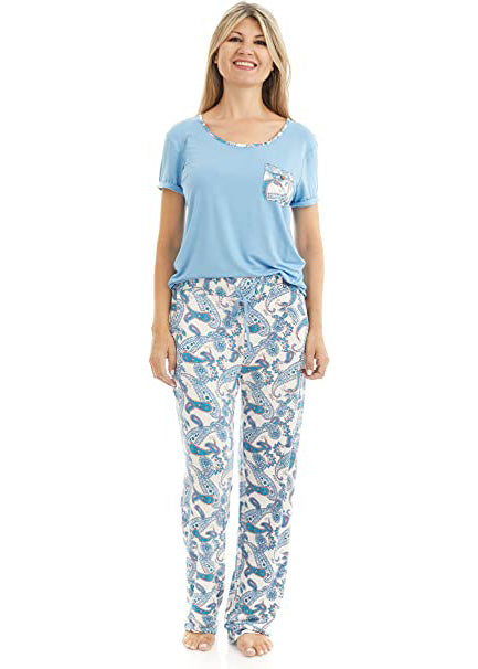 
                  
                    T Shirt and Pant Pajama set. The t-shirt is solid light blue. it has a pocket that matches the pattern on the pants. the pattern on the pants is a blue paisley with a white background. 
                  
                