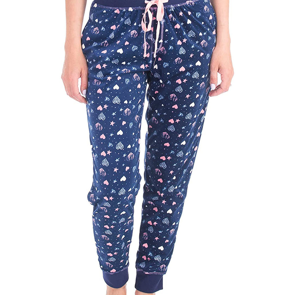 PJ joggers with soft velvety texture, stretch, elastic waistband, drawstring, and stylish ankle cuff. This pattern is a light blue, light pink hearts and starts on a navy background. It features a pink drawstring.