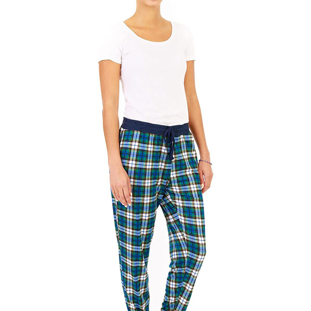 
                  
                    PJ joggers with soft velvety texture, stretch, elastic waistband, drawstring, and stylish ankle cuff. This pattern is a blue, green and gold tartan.
                  
                