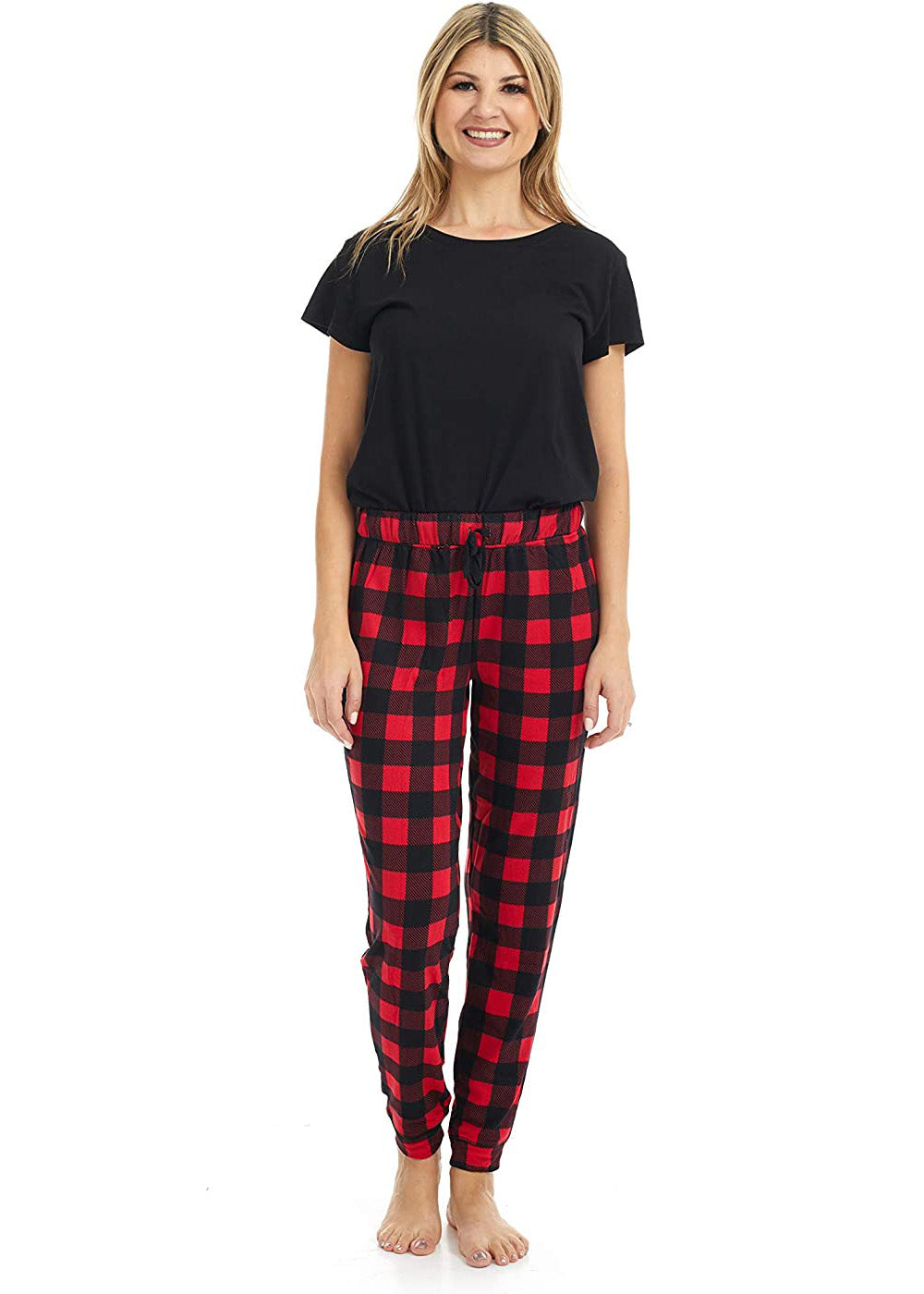 
                  
                    PJ joggers with soft velvety texture, stretch, elastic waistband, drawstring, and stylish ankle cuff. This pattern a red plaid with black lines
                  
                