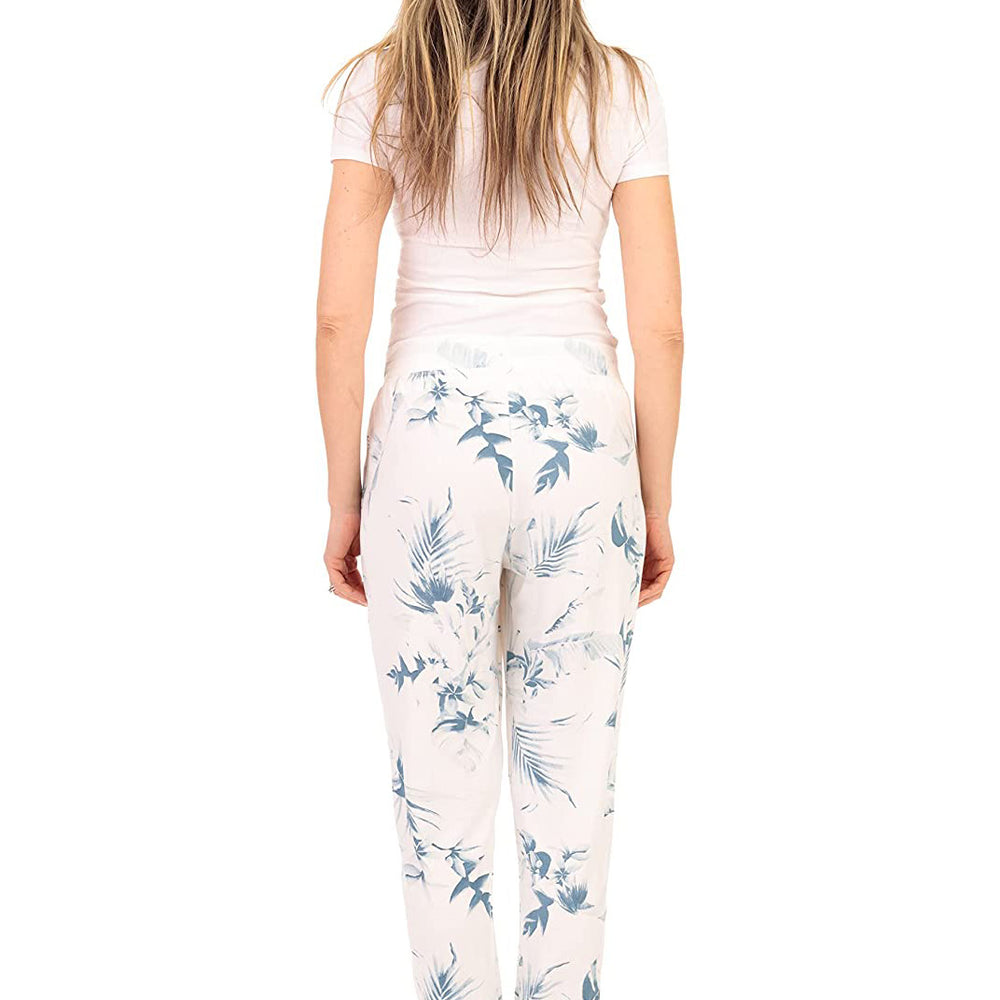 
                  
                    PJ joggers with soft velvety texture, stretch, elastic waistband, drawstring, and stylish ankle cuff. This pattern is very light blue, abstract patterns of leaves on off white fabric..
                  
                