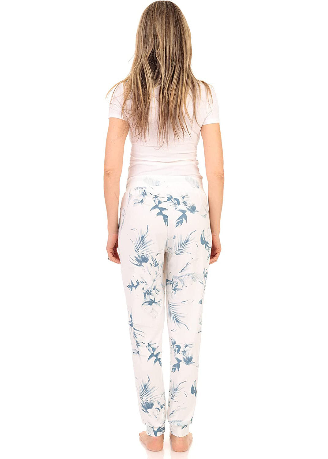 
                  
                    PJ joggers with soft velvety texture, stretch, elastic waistband, drawstring, and stylish ankle cuff. This pattern is very light blue, abstract patterns of leaves on off white fabric..
                  
                