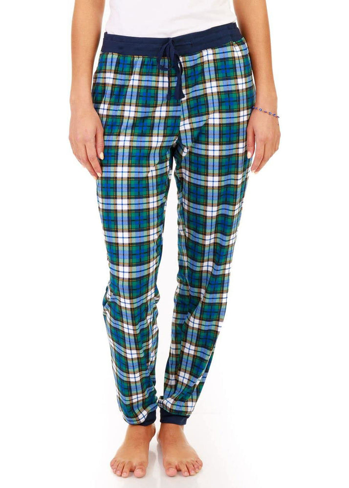 PJ joggers with soft velvety texture, stretch, elastic waistband, drawstring, and stylish ankle cuff. This pattern is a blue, green and gold tartan.