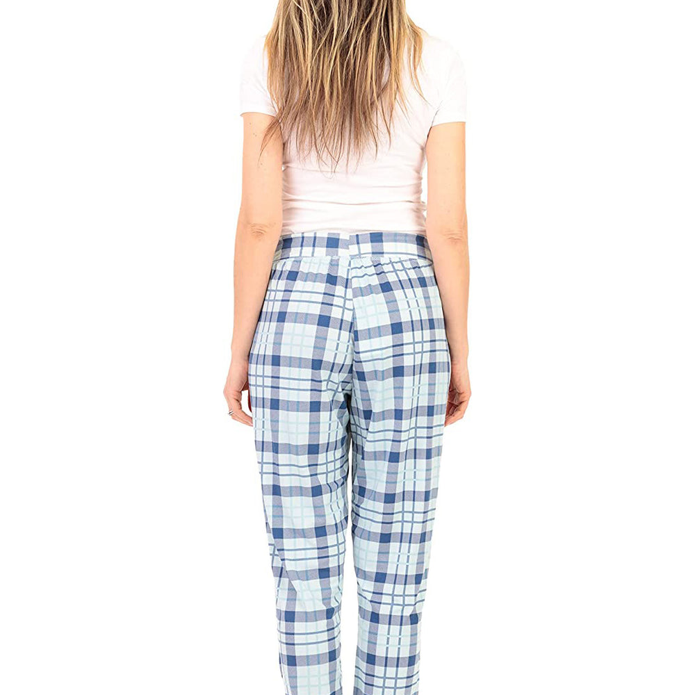 
                  
                    PJ joggers with soft velvety texture, stretch, elastic waistband, drawstring, and stylish ankle cuff. This pattern is a blue, light blue plaid. The waist and the cuffs match the rest of the garment.
                  
                