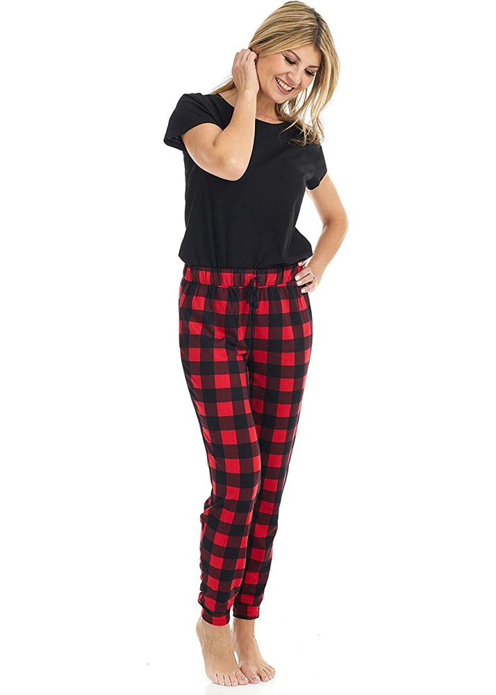 
                  
                    PJ joggers with soft velvety texture, stretch, elastic waistband, drawstring, and stylish ankle cuff. This pattern a red plaid with black lines
                  
                