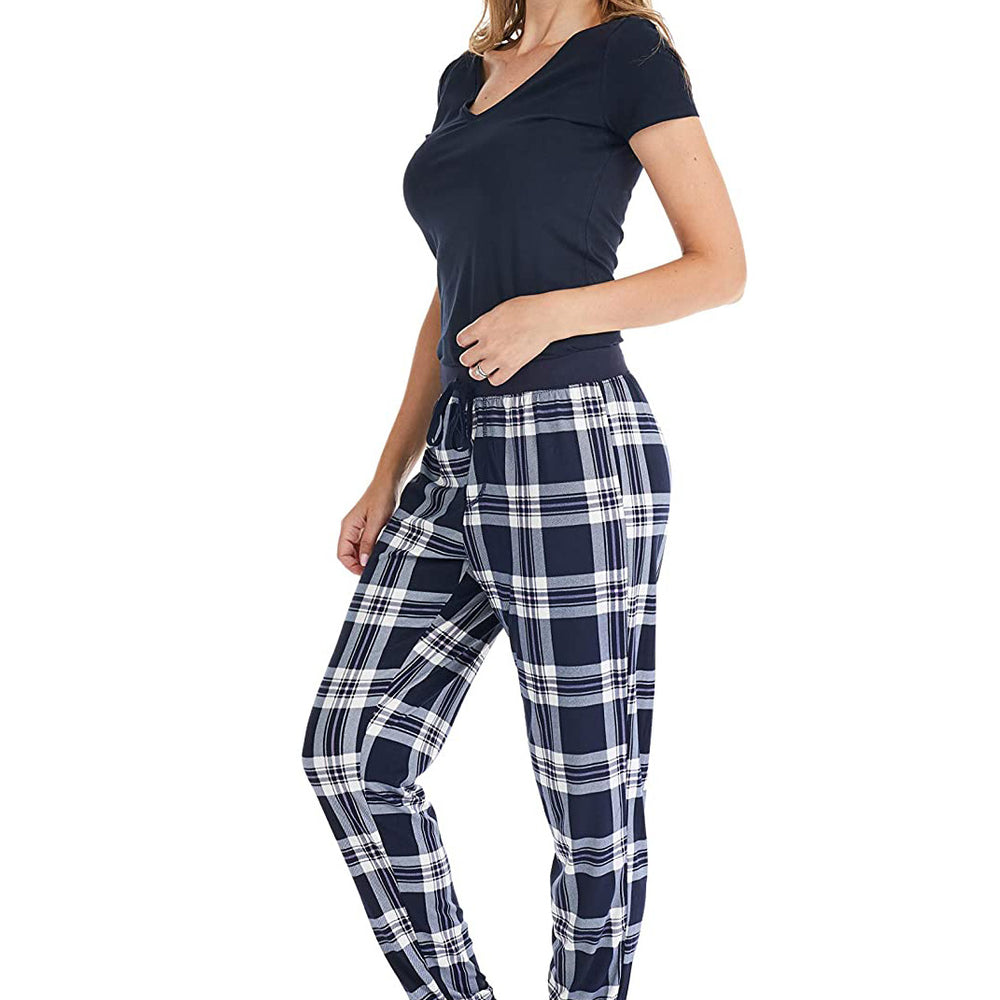 
                  
                    PJ joggers with soft velvety texture, stretch, elastic waistband, drawstring, and stylish ankle cuff. This pattern is a navy plaid with white lines. 
                  
                