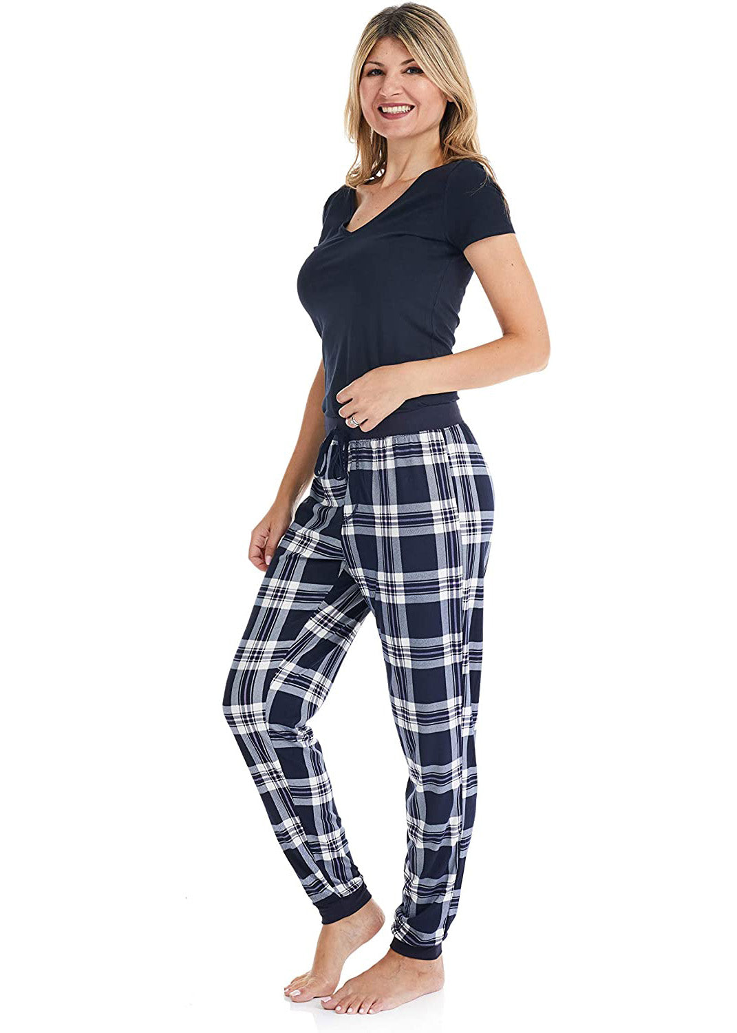 
                  
                    PJ joggers with soft velvety texture, stretch, elastic waistband, drawstring, and stylish ankle cuff. This pattern is a navy plaid with white lines. 
                  
                