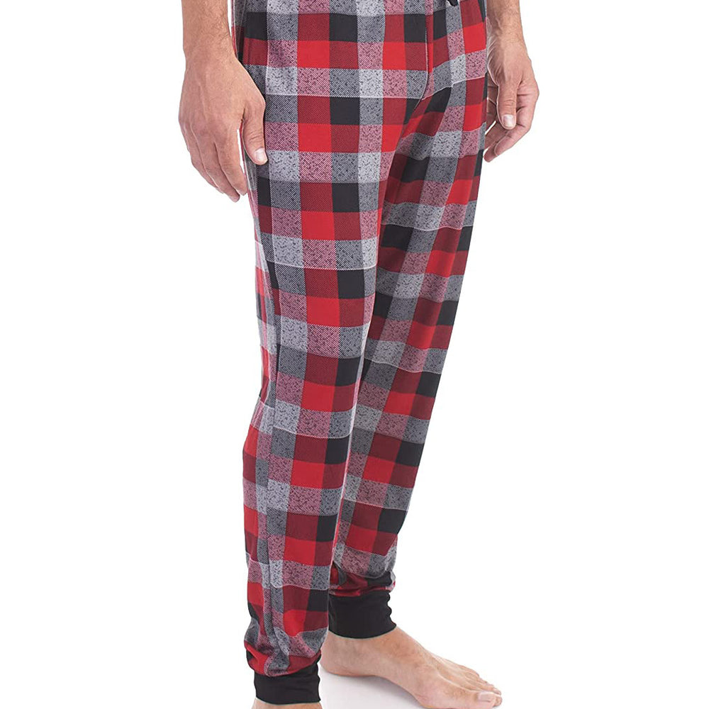 
                  
                    PJ joggers with soft velvety texture, stretch, elastic waistband, drawstring, and stylish ankle cuff. This pattern is a red, grey, black tartan. Black cuffs and waist with black drawstring.
                  
                