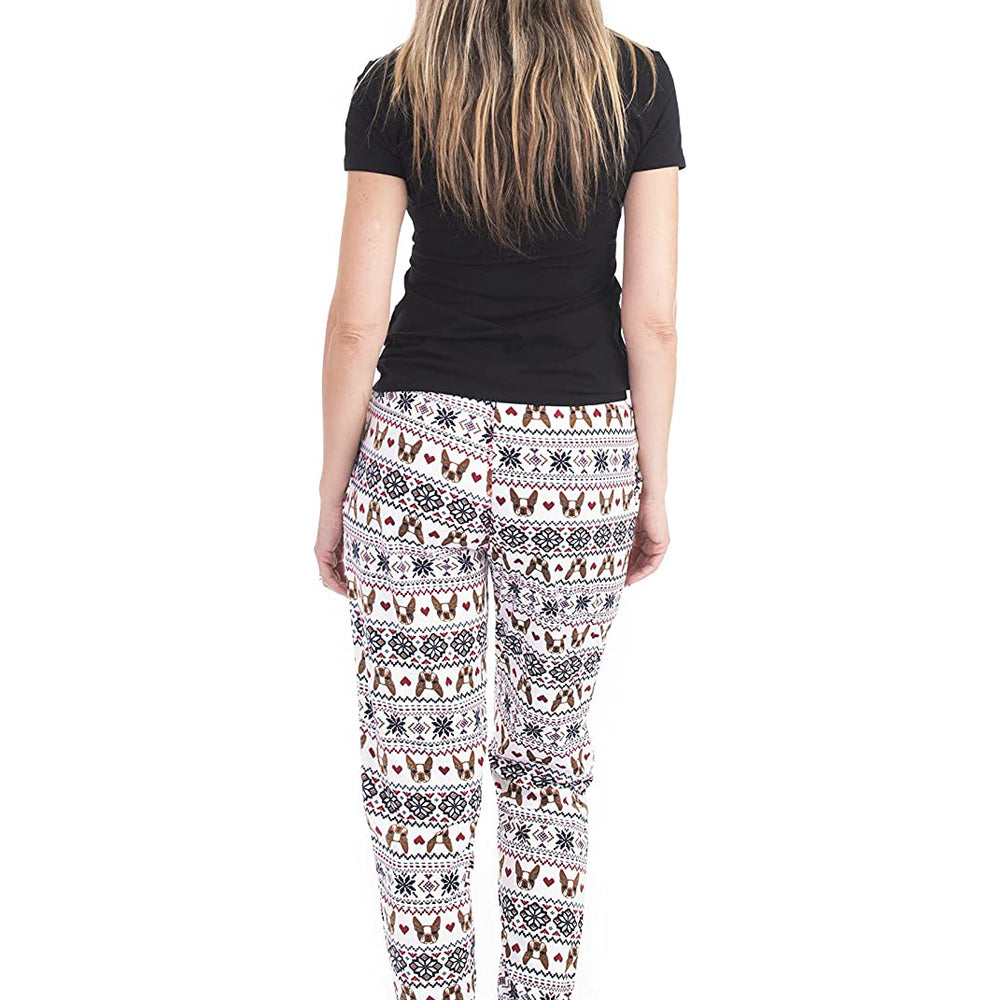 
                  
                    PJ joggers with soft velvety texture, stretch, elastic waistband, drawstring, and stylish ankle cuff. This pattern is bulldog's head with pixelated heart and snowflake pattern.
                  
                