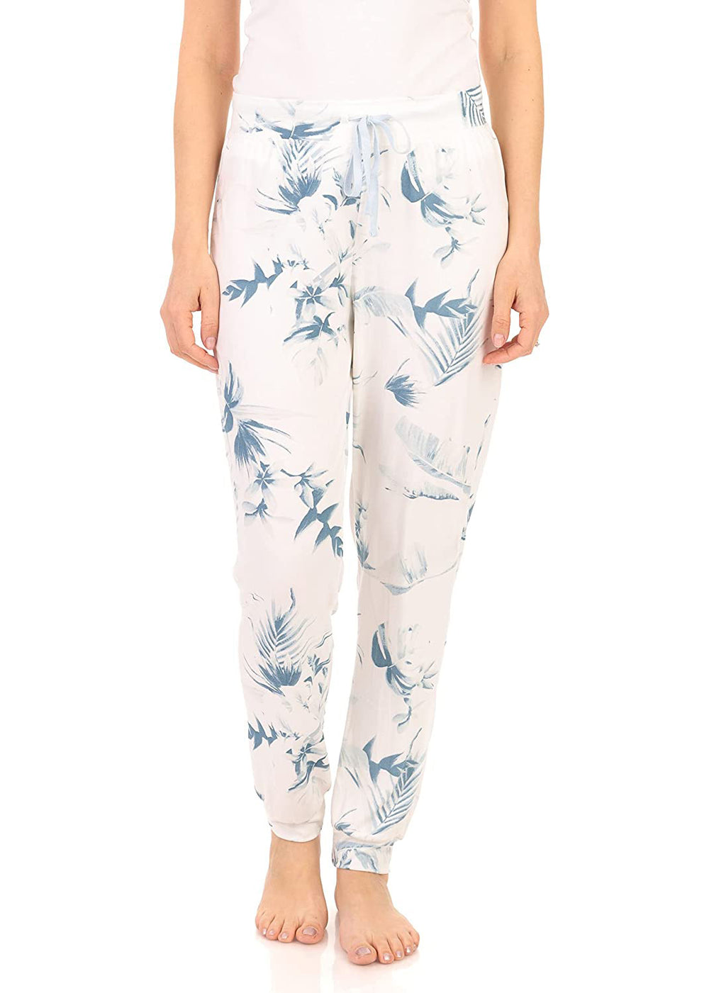 PJ joggers with soft velvety texture, stretch, elastic waistband, drawstring, and stylish ankle cuff. This pattern is very light blue, abstract patterns of leaves on off white fabric..