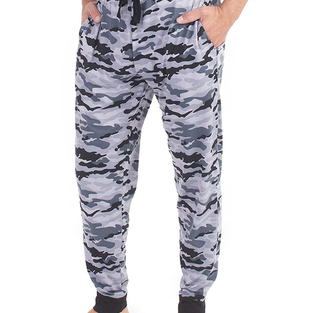 
                  
                    PJ joggers with soft velvety texture, stretch, elastic waistband, drawstring, and stylish ankle cuff. This pattern is a grey, black and white camo pattern. The waist and the cuffs are black.
                  
                