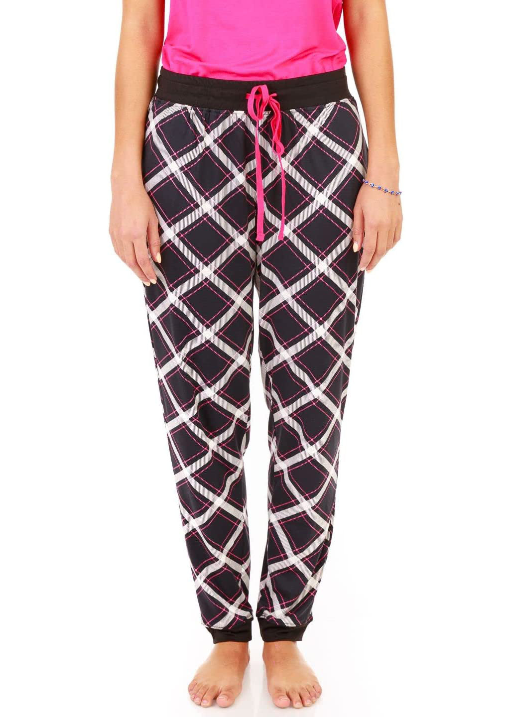 PJ joggers with soft velvety texture, stretch, elastic waistband, drawstring, and stylish ankle cuff. This pattern is a navy plaid with white and red lines.  it also features a red drawstring. If those alt-text were helpful for you, please let us know!