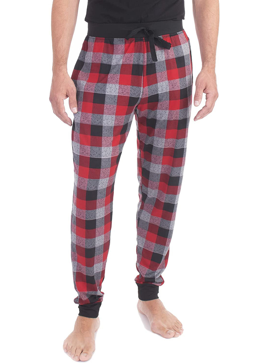 Red Black Plaid Pajama Pants Men Lounging Relaxed House PJs Sleep Bottoms  Mens Flannel Cotton Drawstring Button Fly Sleepwear