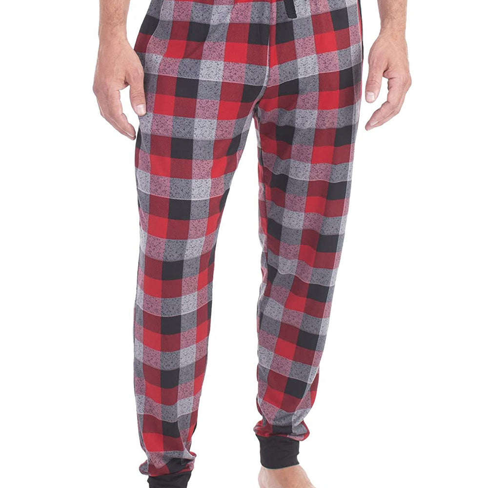 PJ joggers with soft velvety texture, stretch, elastic waistband, drawstring, and stylish ankle cuff. This pattern is a red, grey, black tartan. Black cuffs and waist with black drawstring.