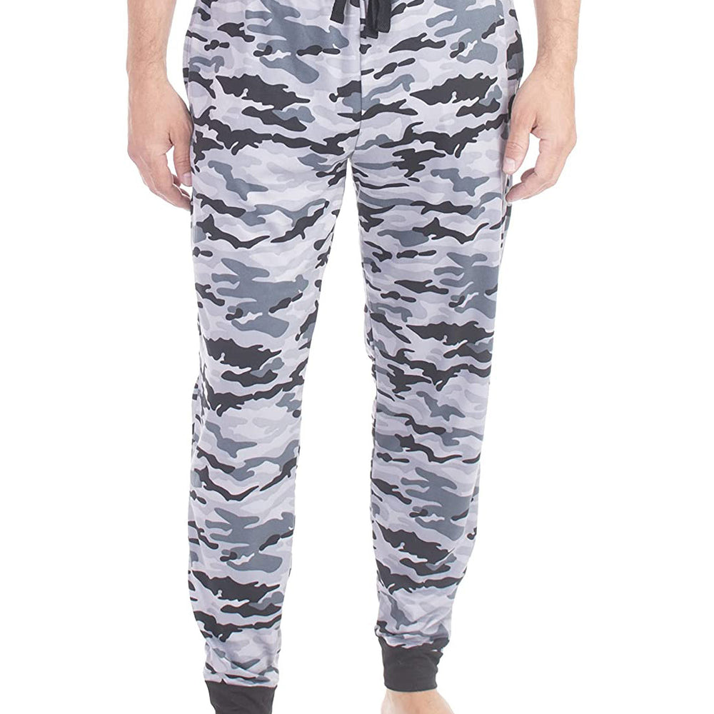 PJ joggers with soft velvety texture, stretch, elastic waistband, drawstring, and stylish ankle cuff. This pattern is a grey, black and white camo pattern. The waist and the cuffs are black.