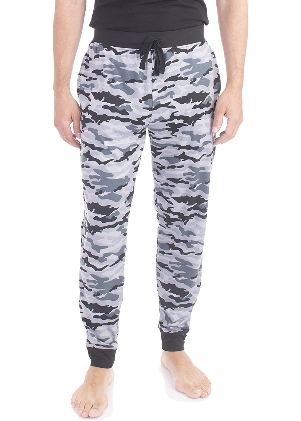 PJ joggers with soft velvety texture, stretch, elastic waistband, drawstring, and stylish ankle cuff. This pattern is a grey, black and white camo pattern. The waist and the cuffs are black.