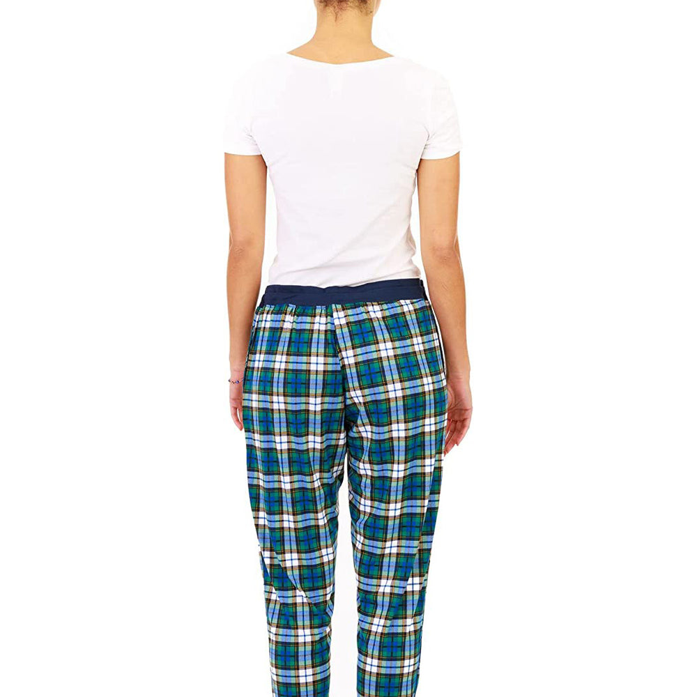 
                  
                    PJ joggers with soft velvety texture, stretch, elastic waistband, drawstring, and stylish ankle cuff. This pattern is a blue, green and gold tartan.
                  
                
