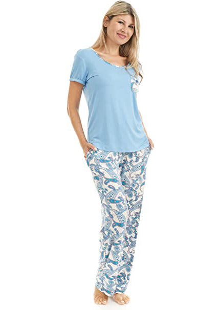 
                  
                    T Shirt and Pant Pajama set. The t-shirt is solid light blue. it has a pocket that matches the pattern on the pants. the pattern on the pants is a blue paisley with a white background.
                  
                