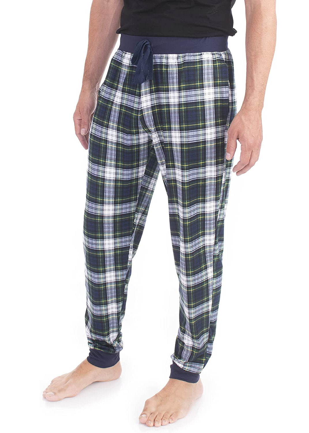 
                  
                    PJ joggers with soft velvety texture, stretch, elastic waistband, drawstring, and stylish ankle cuff. This pattern is a white, yellow and navy plaid. The waist and the cuffs are navy
                  
                