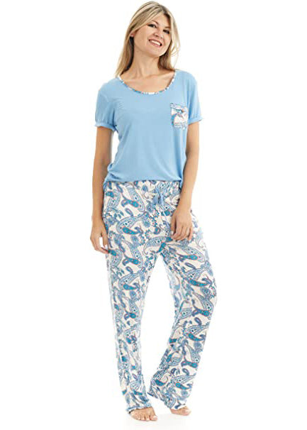 
                  
                    T Shirt and Pant Pajama set. The t-shirt is solid light blue. it has a pocket that matches the pattern on the pants. the pattern on the pants is a blue paisley with a white background.
                  
                