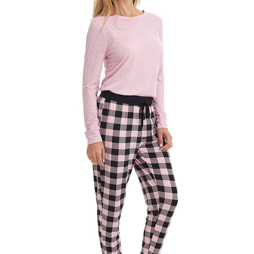 PJ joggers with soft velvety texture, stretch, elastic waistband, drawstring, and stylish ankle cuff. This pattern is a pink and black plaid with a black drawstring