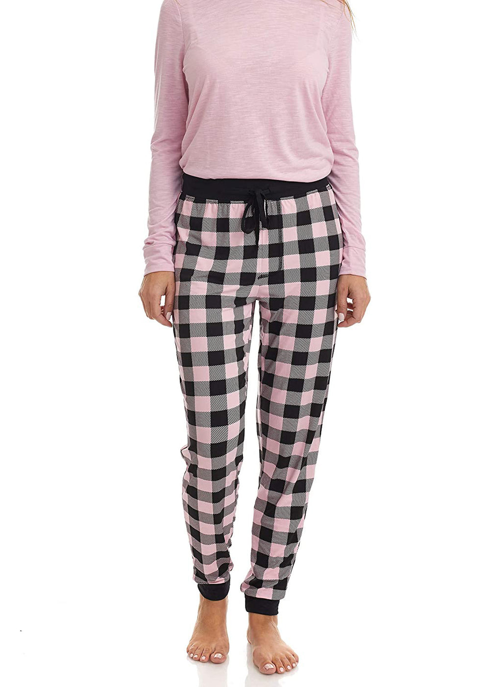 PJ joggers with soft velvety texture, stretch, elastic waistband, drawstring, and stylish ankle cuff. This pattern is a pink and black plaid with a black drawstring